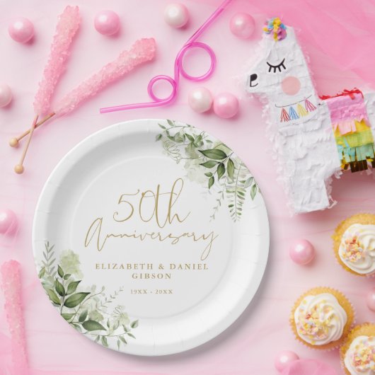 50th Wedding Anniversary Greenery Gold Script Papieren Bordje (Feest)