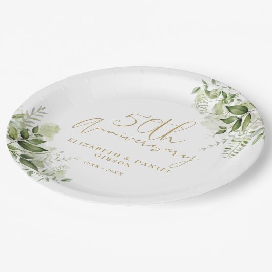 50th Wedding Anniversary Greenery Gold Script Papieren Bordje (Gekanteld)