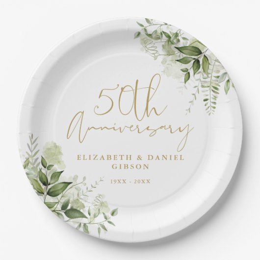 50th Wedding Anniversary Greenery Gold Script Papieren Bordje (Voorkant)