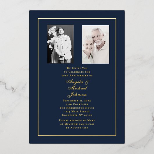 50th Wedding Anniversary Navy Gold Border   Folie Uitnodiging (Voorkant)