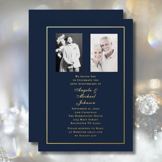 50th Wedding Anniversary Navy Gold Border   Folie Uitnodiging
