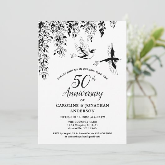 50th Wedding Anniversary Silver Birch Flying Birds Kaart (Staand voorkant)