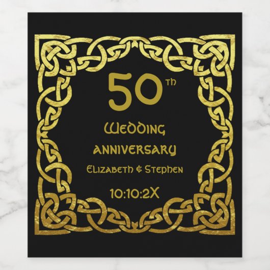 50th Wedding Jubileum Black & Gold Celtic Knot Wijn Etiket (Enkel label)