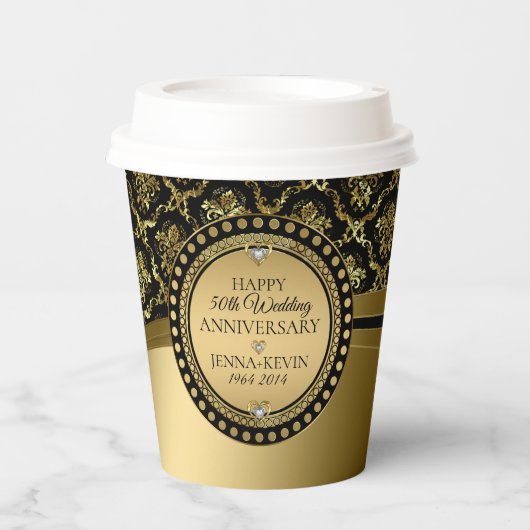 50th Wedding Jubileum Black & Gold Damaspape Papieren Bekers (Voorkant)