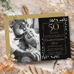 50th Wedding Jubileum Black Gold Greenery Foto Kaart<br><div class="desc">Deze uitnodiging voor het vieren van de kerkelijke verjaardag kan worden gepersonaliseerd met je speciale foto en 50 jaar verjaardagsfeestinformatie,  met een gouden achtergrond aan de andere kant. Ontworpen door: Thisnotme©</div>