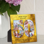 50th Wedding Jubileum Black Gold Photo Collage Fotoplaat<br><div class="desc">50th Wedding Jubileum Foto Plaque - gemaakt met 11 van je favoriete foto's. Een stijlvolle keepaard met een bruusachtige gouden achtergrond en zwarte typografie. Het fotomalplaatje is opstelling voor u om u afbeeldingen te uploaden zodat zullen zij automatisch een aantal 50 fotocollage vormen. Het ontwerp gebruikt portret, landschap en vierkante...</div>