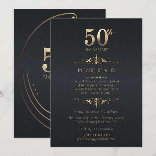 50th Wedding Jubileum Black Uitnodiging (Voorkant / Achterkant)