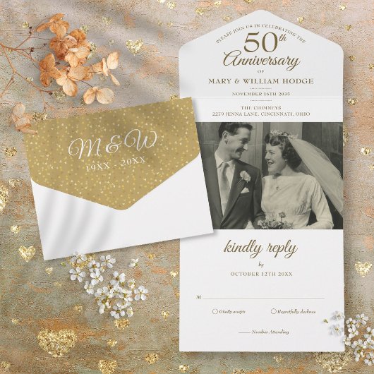 50th Wedding Jubileum Foto Monogram All In One Uitnodiging