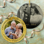 50th Wedding Jubileum Gold Hearts 2 Foto Keramisch Ornament<br><div class="desc">Personaliseer met twee speciale foto's en details van het 50-jarig jubileum op een gouden harten confetti achtergrond. Ontworpen door Thisnotme©</div>