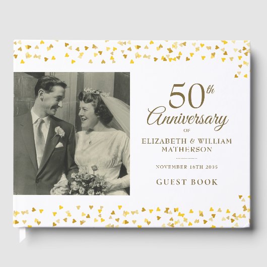 50th Wedding Jubileum Gold Hearts Foto Gastenboek (Voorkant)