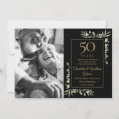 50th Wedding Jubileum Greenery Black Gold Foto Save The Date (Voorkant)