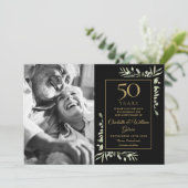 50th Wedding Jubileum Greenery Black Gold Foto Save The Date (Staand voorkant)