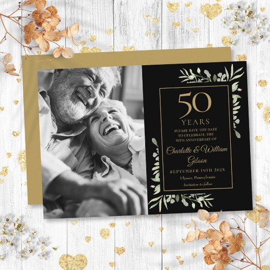 50th Wedding Jubileum Greenery Black Gold Foto Save The Date