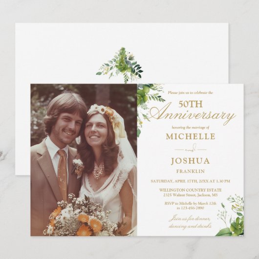 50th Wedding Jubileum Greenery Gold Foto Kaart (Voorkant / Achterkant)