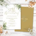 50th Wedding Jubileum Greenery Gold Script Kaart<br><div class="desc">Deze elegante botanische groenery verlaat de uitnodiging voor een bruiloft van 50 jaar...  kan gepersonaliseerd worden met je informatie in de chic gold typografie met je speciale datums aan de achterkant. Ontworpen door: Thisnotme©</div>