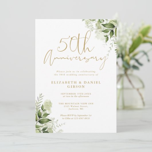 50th Wedding Jubileum Greenery Gold Script Kaart (Staand voorkant)