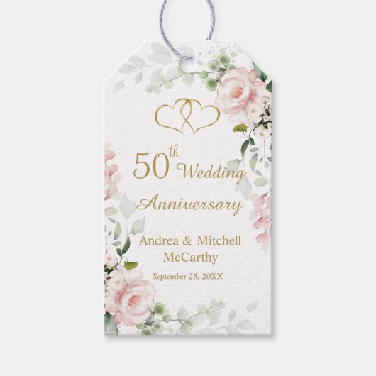 50th Wedding Jubileum Rozen Harten Gift Label Cadeaulabel (Voorkant)