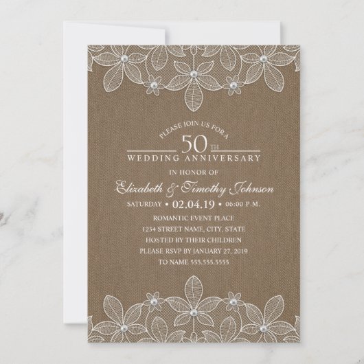 50th Wedding Jubileum Rustic Dark Burlap Lace Kaart (Voorkant)