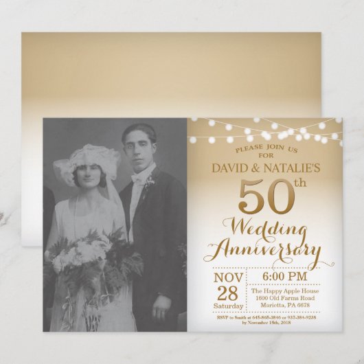 50th Wedding Jubileum Uitnodiging Gold Foto (Voorkant / Achterkant)