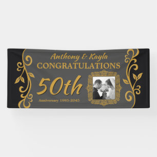 50th Wedding Jubileum Voeg uw foto toe Goudgrijs Spandoek