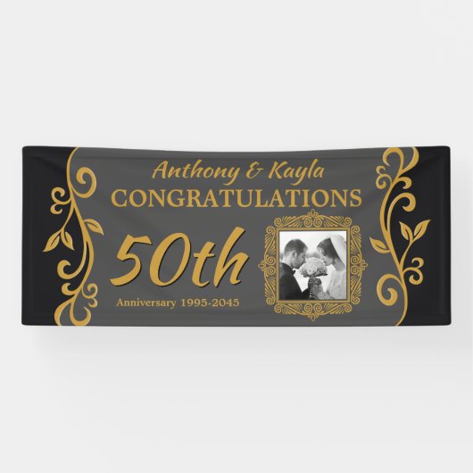 50th Wedding Jubileum Voeg uw foto toe Goudgrijs Spandoek (Horizontaal)