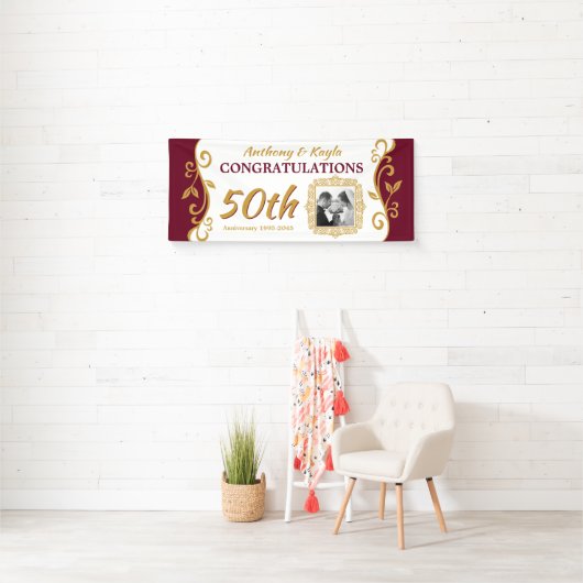 50th Wedding Jubileum Voeg uw foto toe Red Gold Spandoek (Insitu)
