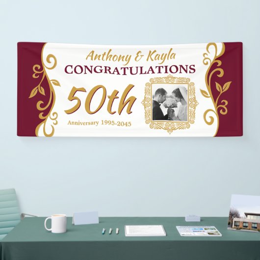 50th Wedding Jubileum Voeg uw foto toe Red Gold Spandoek (Beurs)