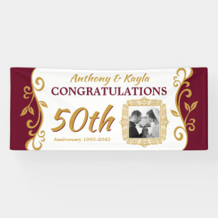 50th Wedding Jubileum Voeg uw foto toe Red Gold Spandoek