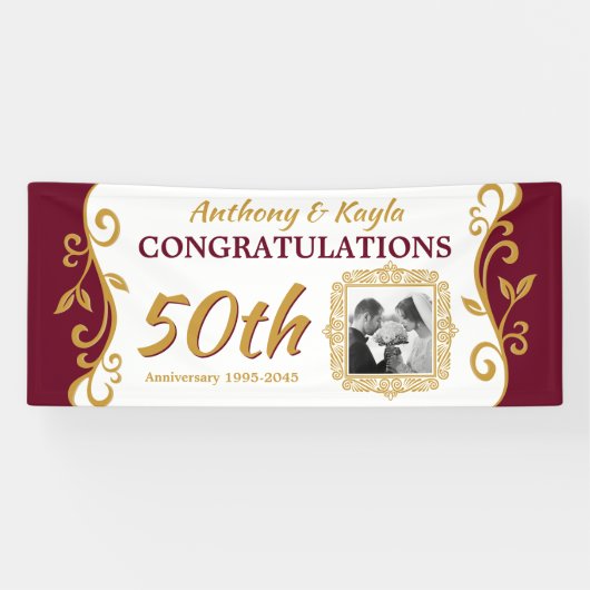50th Wedding Jubileum Voeg uw foto toe Red Gold Spandoek (Horizontaal)