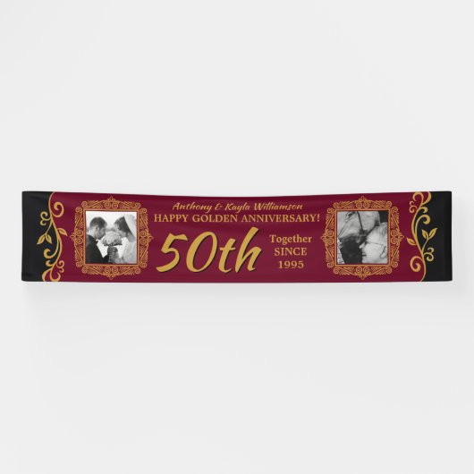 50th Wedding Jubileum Voeg uw foto toe Red Gold Spandoek (Horizontaal)
