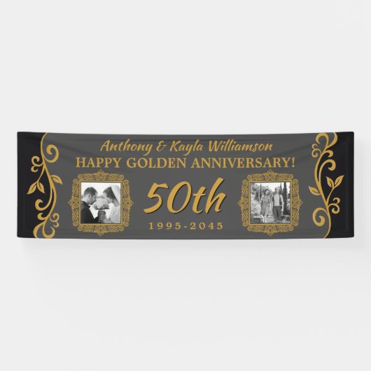 50th Wedding Jubileum Voeg uw foto's toe Goudgrijs Spandoek (Horizontaal)