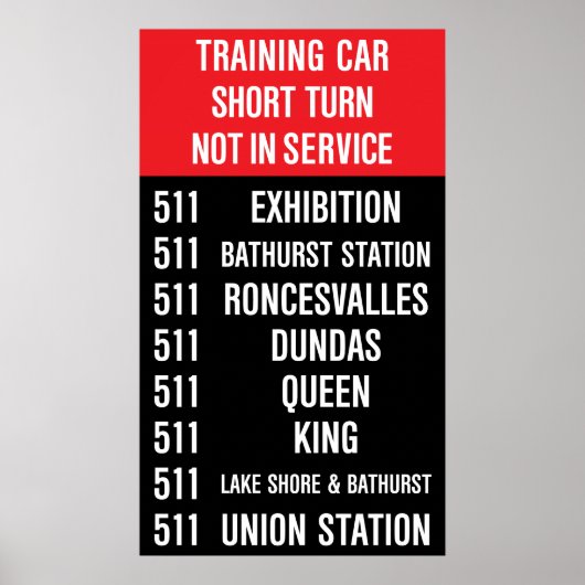 511 BATHURST Replica TTC Streetcar Rollsign Poster (Voorkant)