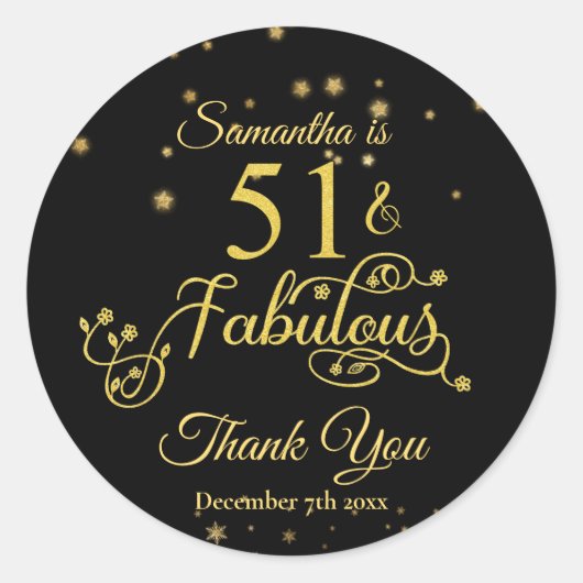 51 en Fabulous 51st Birthday Gold Glitter Black Ronde Sticker (Voorkant)
