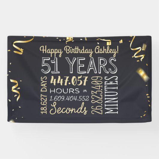 51 jaar - Elegant Black & Gold - 51e verjaardag Spandoek (Horizontaal)
