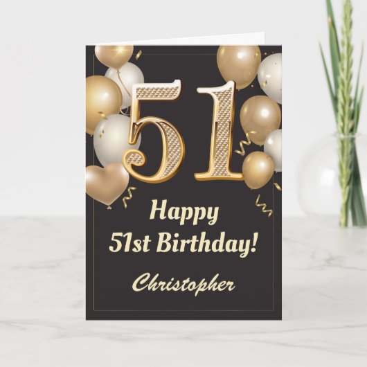 51e Birthday Black en Gold Balloons Confetti Kaart (Voorkant)