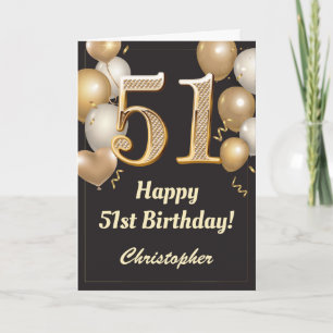 51e Birthday Black en Gold Balloons Confetti Kaart