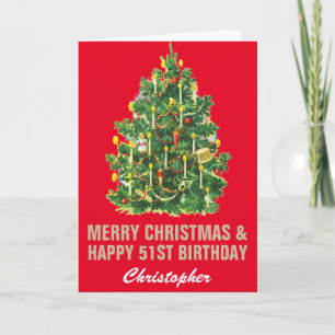 51e gelukkige verjaardag en vrolijk kerstrood & go kaart