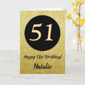 51e Happy Birthday Zwart en Goud Glitter Kaart (Gele Bloem)