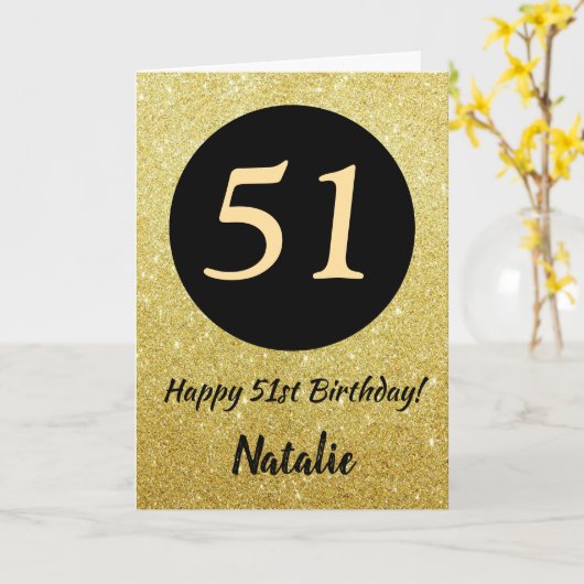 51e Happy Birthday Zwart en Goud Glitter Kaart (Gele Bloem)