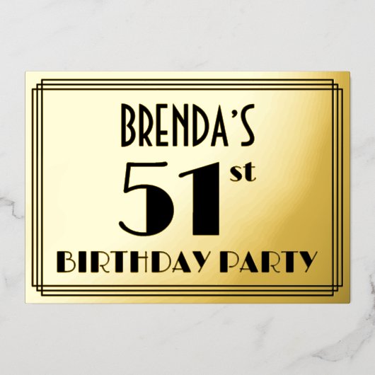51e verjaardag — Art Deco look "51" + Naam Folie Uitnodiging (Voorkant)