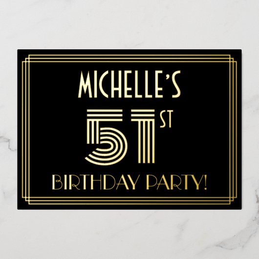 51e verjaardag — Art Deco Style "51" + Naam Folie Uitnodiging (Voorkant)