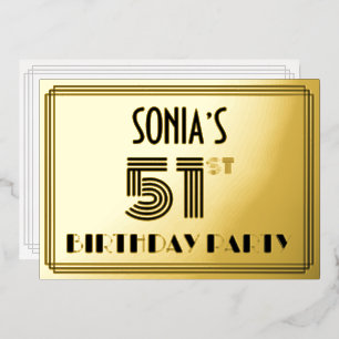 51e verjaardag — Art Deco Style "51" & naam Folie Uitnodiging