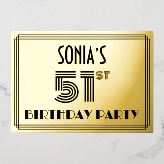 51e verjaardag — Art Deco Style "51" & naam Folie Uitnodiging (Voorkant)
