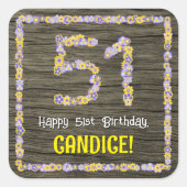 51e verjaardag: Bloemgetal, Faux Wood Look, Naam Vierkante Sticker (Voorkant)