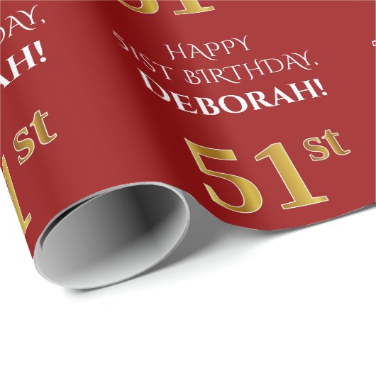 51e verjaardag: Elegant, rood, faux goud look Cadeaupapier (Rol Hoek)