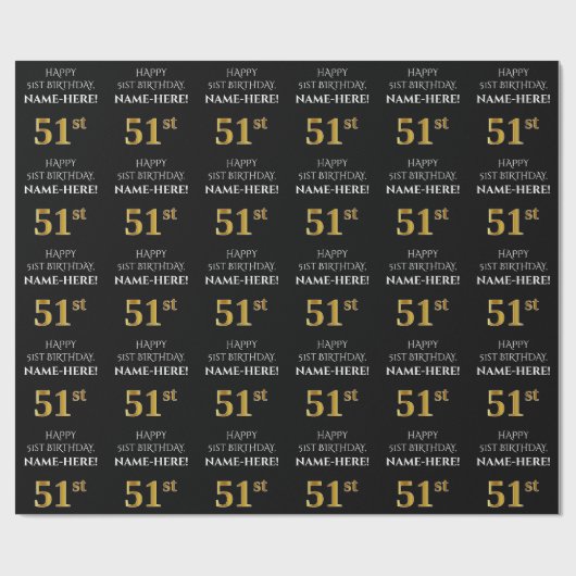 51e verjaardag: Elegant, zwart, Faux Gold look Cadeaupapier (Vlak)
