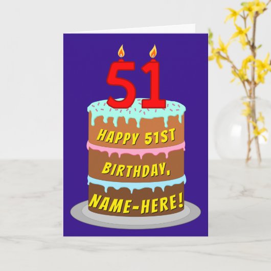 51e verjaardag: Fun Cake and Candles + Custom Name Kaart (Gele Bloem)