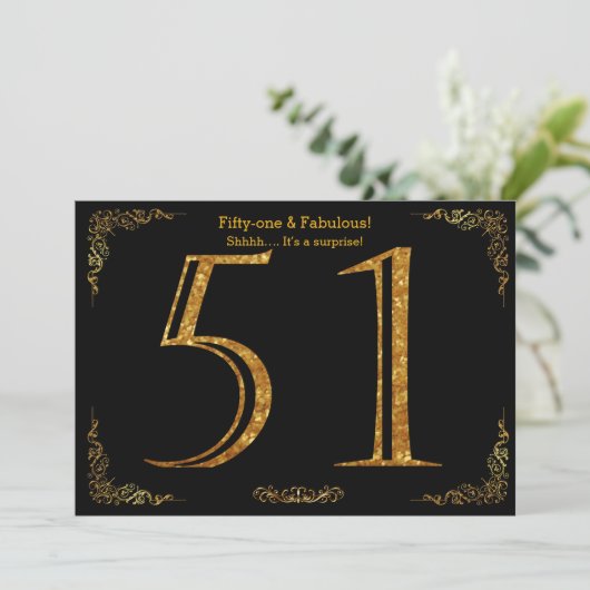 51e verjaardag, Gatsby styl, zwarte gouden glitter Kaart (Staand voorkant)