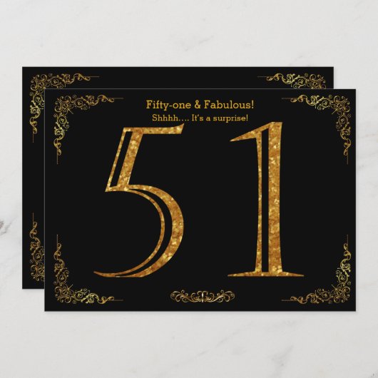 51e verjaardag, Gatsby styl, zwarte gouden glitter Kaart (Voorkant / Achterkant)