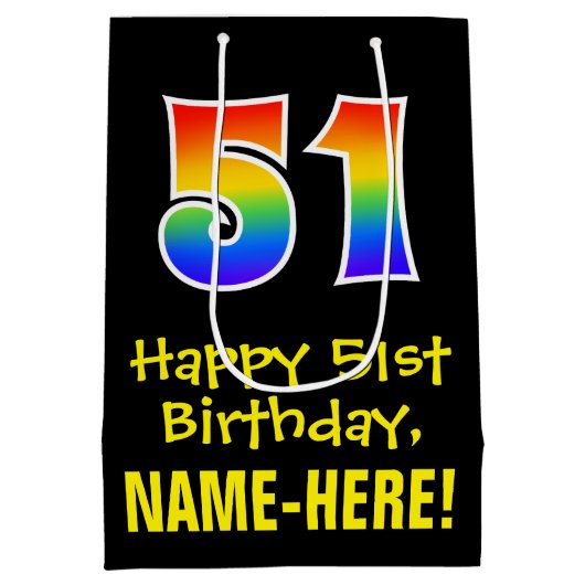 51e verjaardag: Leuk, Vet, Kleurrijk, Regenboog "5 Medium Cadeauzakje (Achterkant)